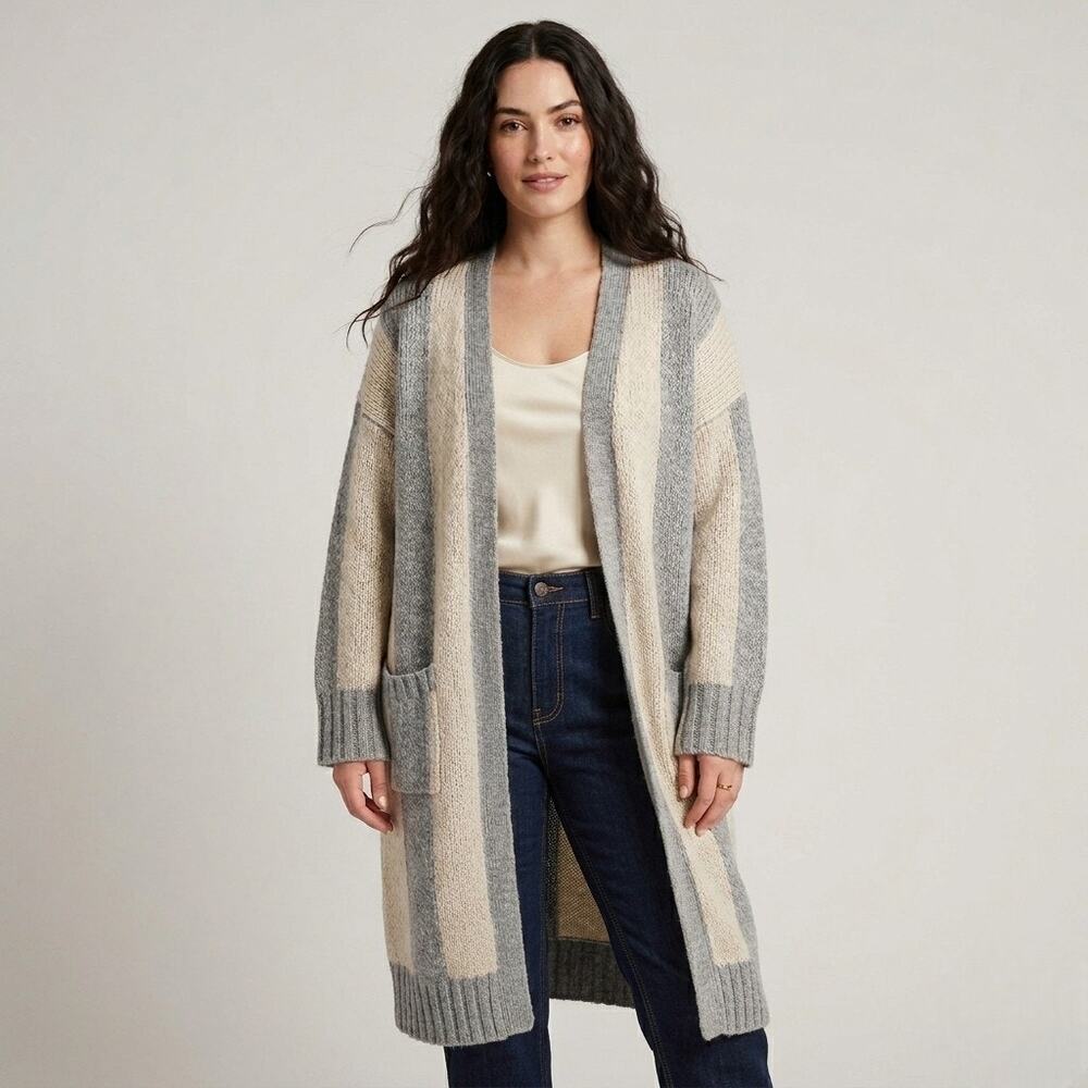 The Great Long Open Front Duster Sweater Cardigan Striped Size 2